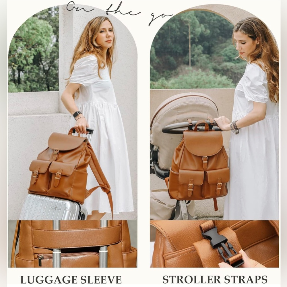 New Leather Diaper Backpack Bag with 12 Organizing Pouches,Changing Pad(Brown) - Picture 5 of 14